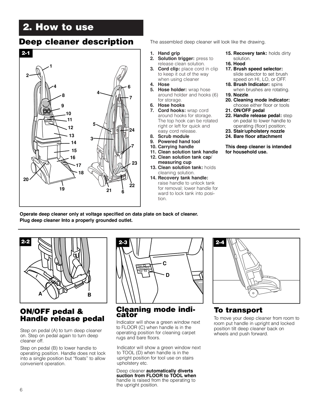 Hoover LS manual How to use, Deep cleaner description, ON/OFF pedal & Handle release pedal, Cleaning mode indi- cator 