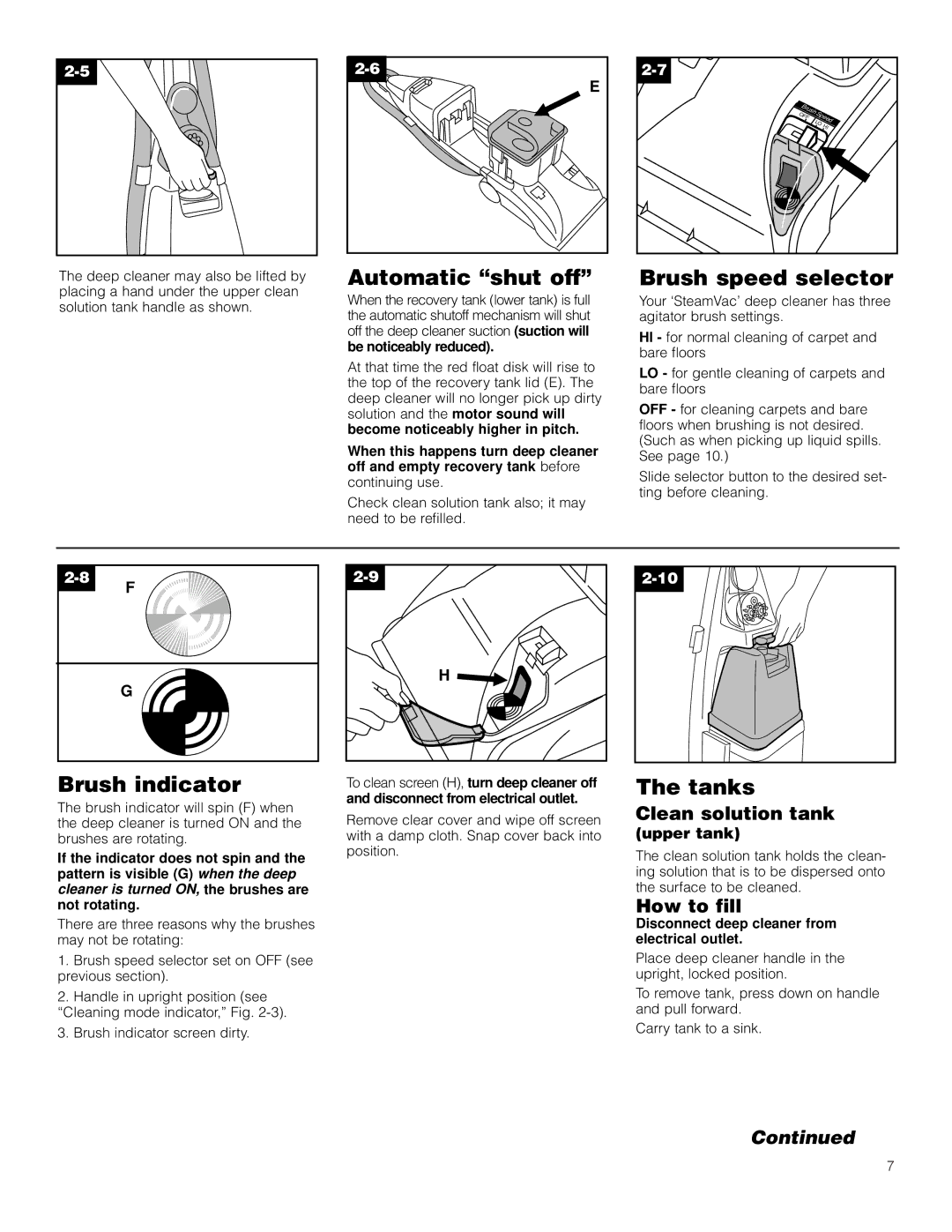 Hoover LS manual Brush speed selector, Brush indicator, Tanks, Clean solution tank, How to fill 