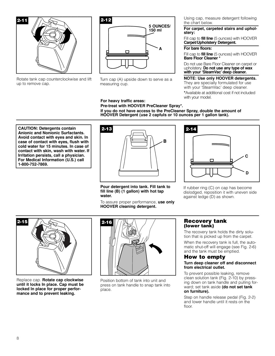 Hoover LS manual Recovery tank, How to empty, Lower tank, Ounces 