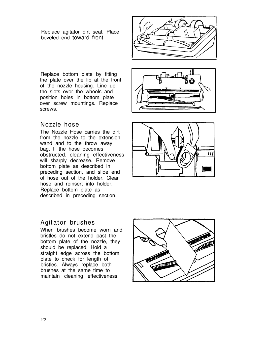 Hoover lV manual Nozzle hose, Agitator brushes 