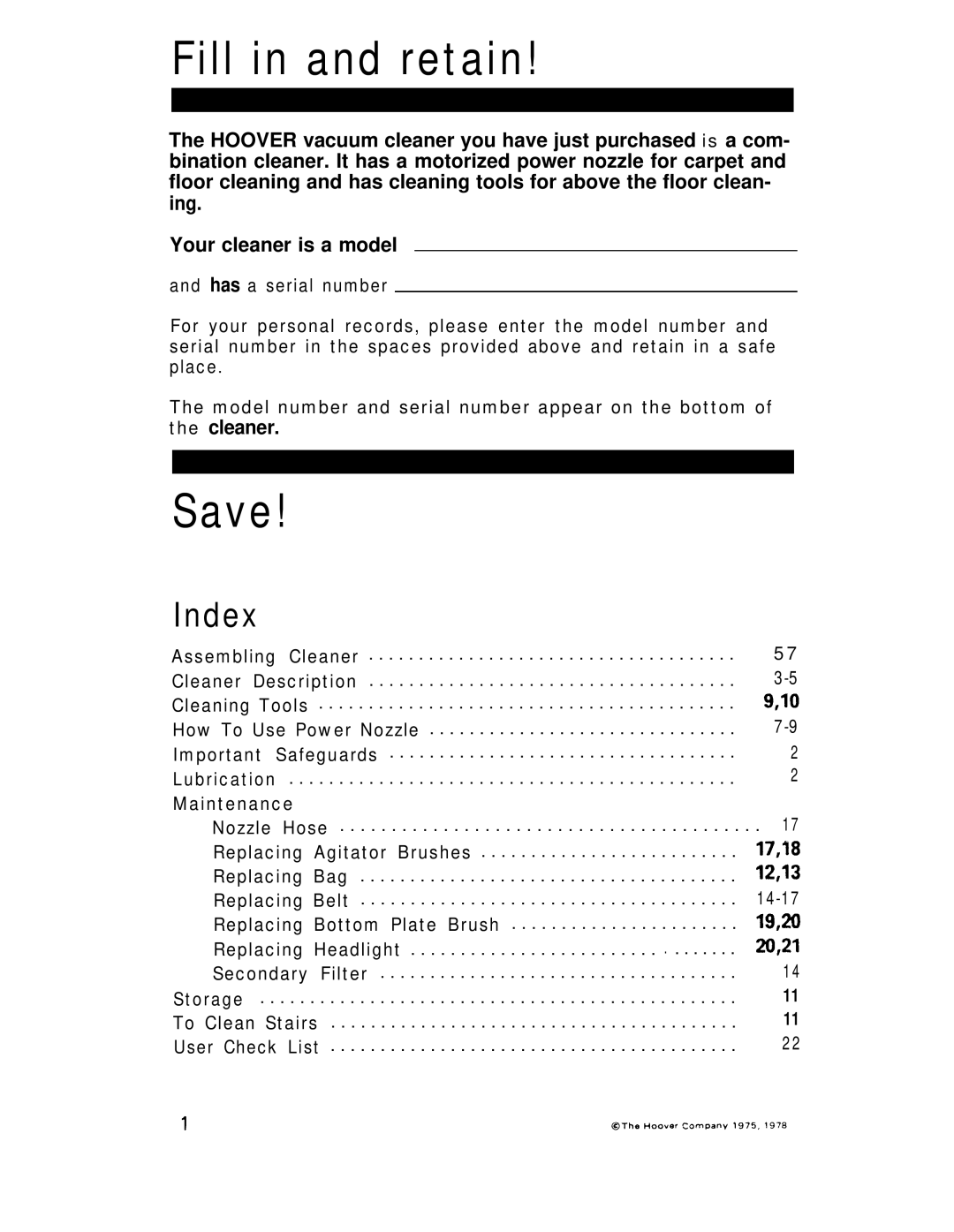 Hoover lV manual Fill in and retain, Index 