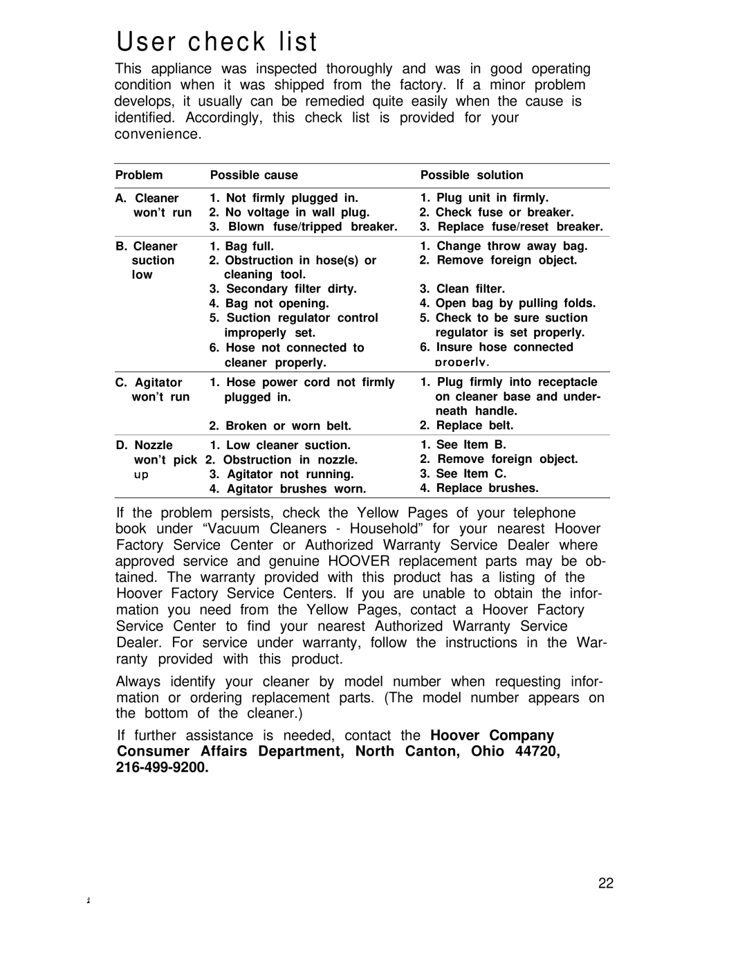 Hoover lV manual User check list, Consumer Affairs Department, North Canton, Ohio 44720 