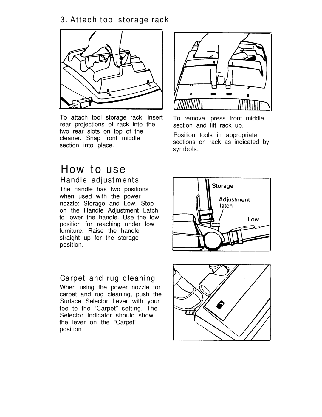 Hoover lV manual How to use, Handle adjustments, Carpet and rug cleaning 