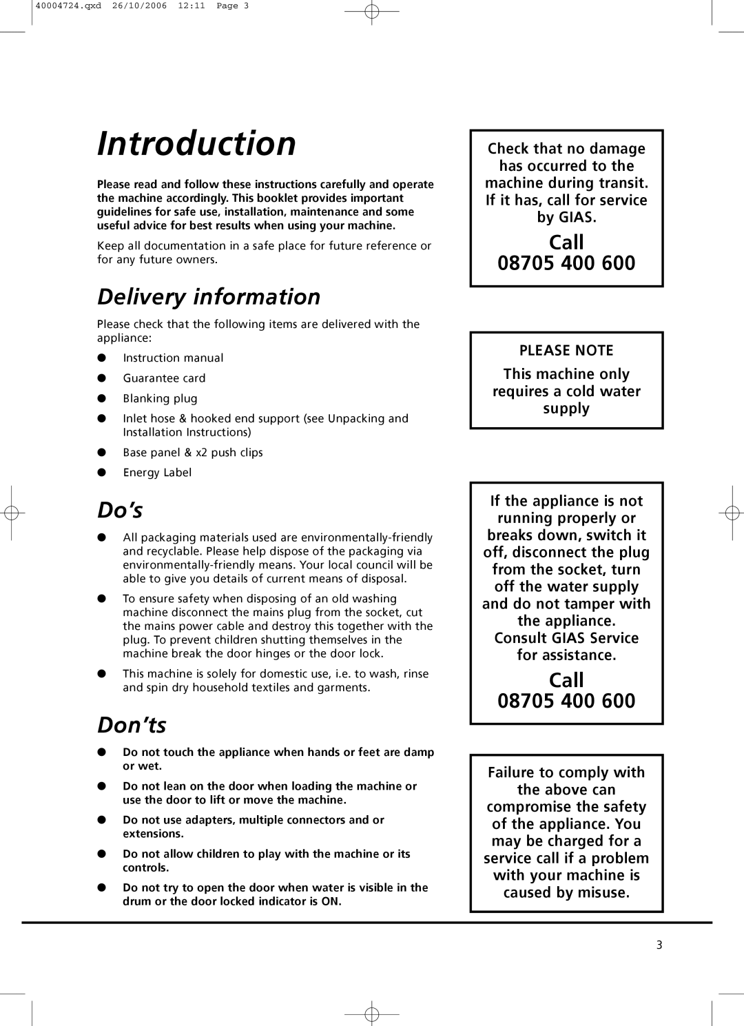 Hoover Nextra 8 manual Introduction, Delivery information, Do’s, Don’ts 