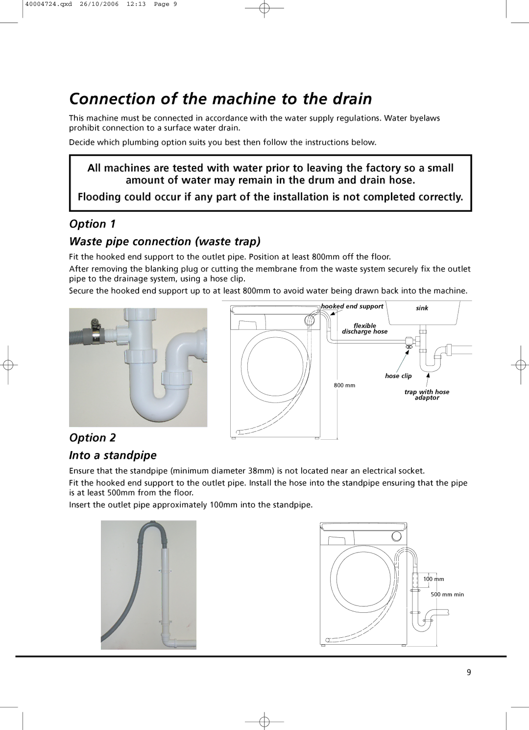 Hoover Nextra 8 Connection of the machine to the drain, Option Waste pipe connection waste trap, Option Into a standpipe 