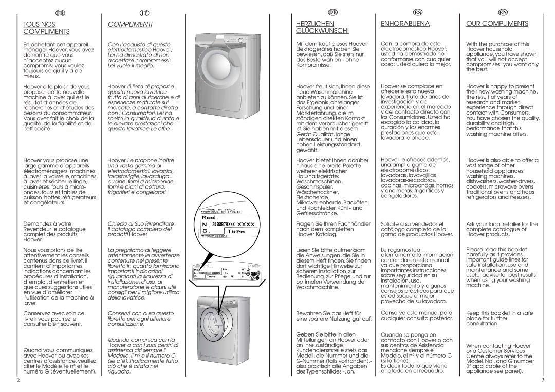 Hoover OPH 147/2 manual Tous NOS Compliments, Complimenti, Herzlichen GL†CKWUNSCH, Enhorabuena, OUR Compliments 