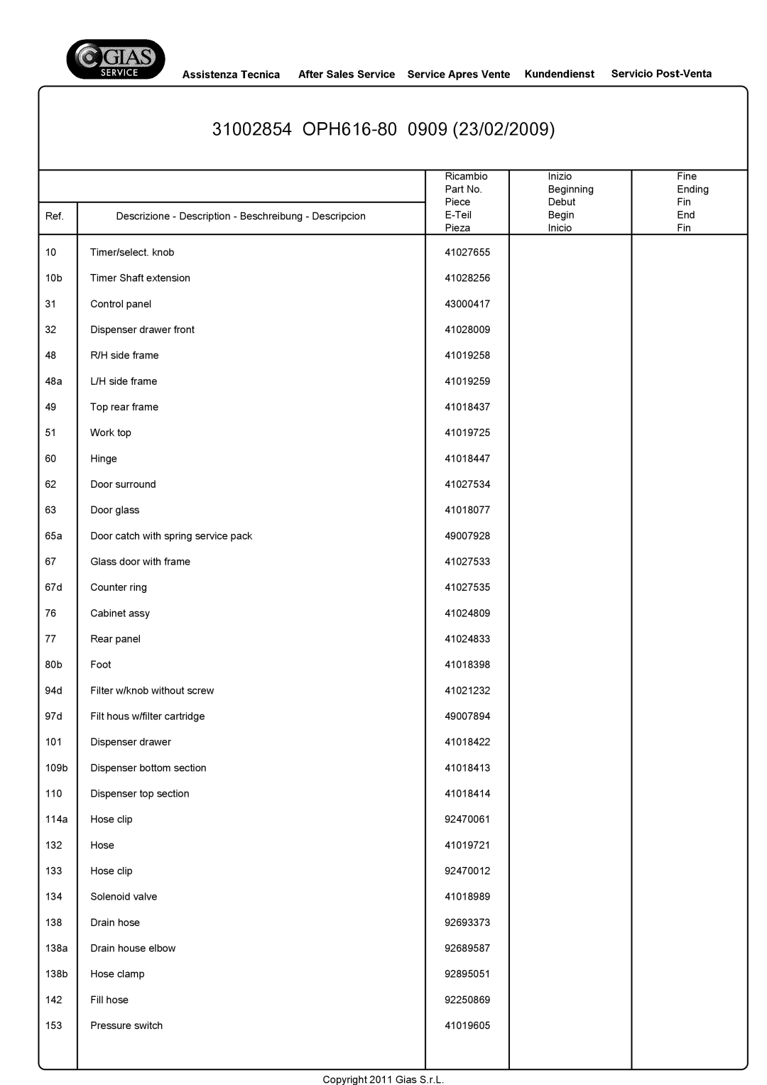 Hoover service manual 31002854 OPH616-80 0909 23/02/2009 