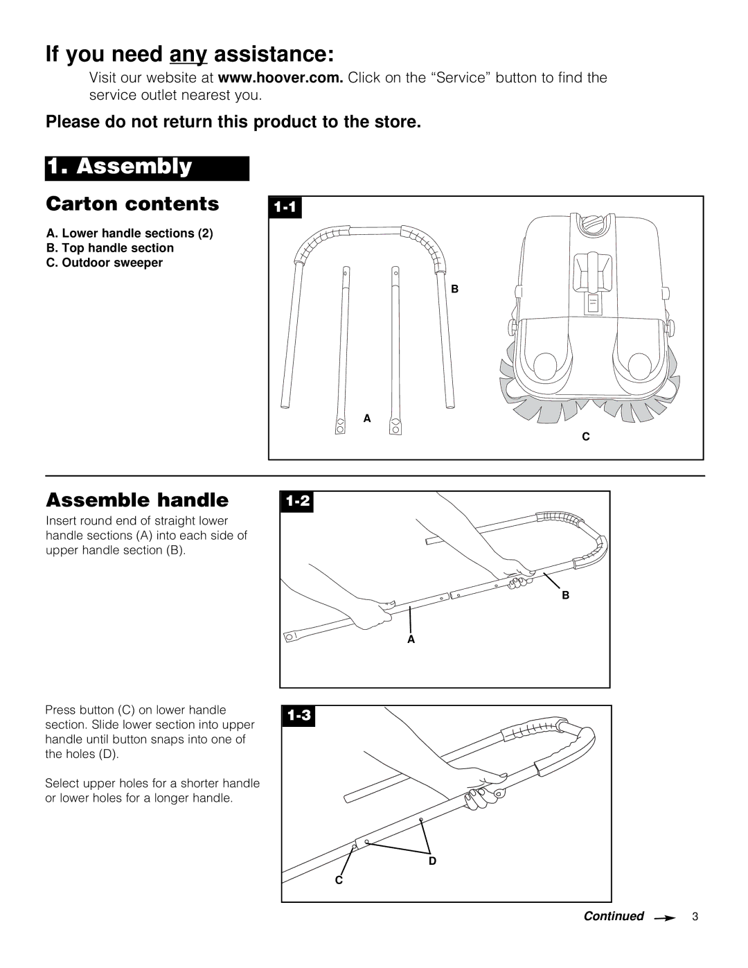 Hoover Outdoor Sweeper owner manual Assembly, Carton contents 