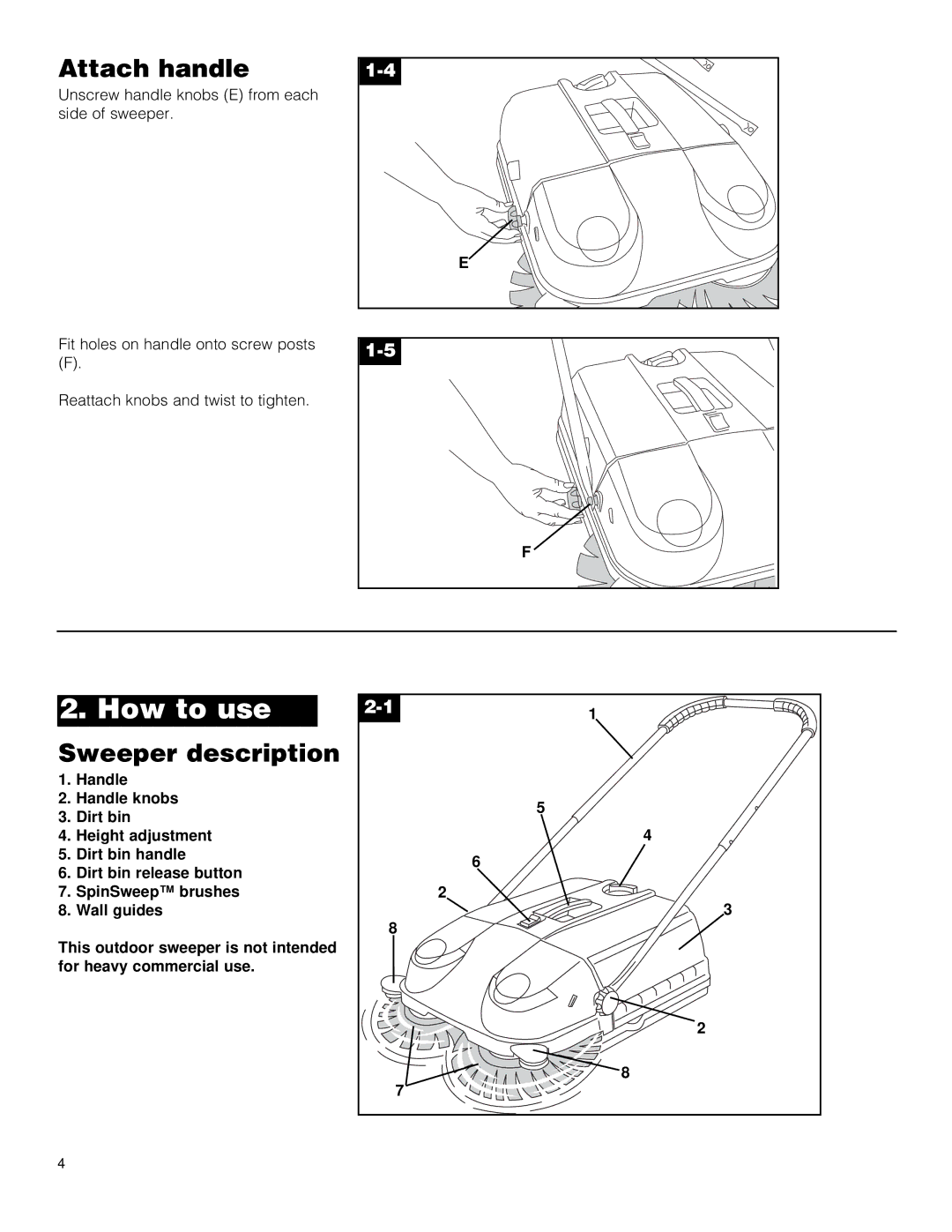 Hoover Outdoor Sweeper owner manual How to use, Attach handle, Sweeper description 