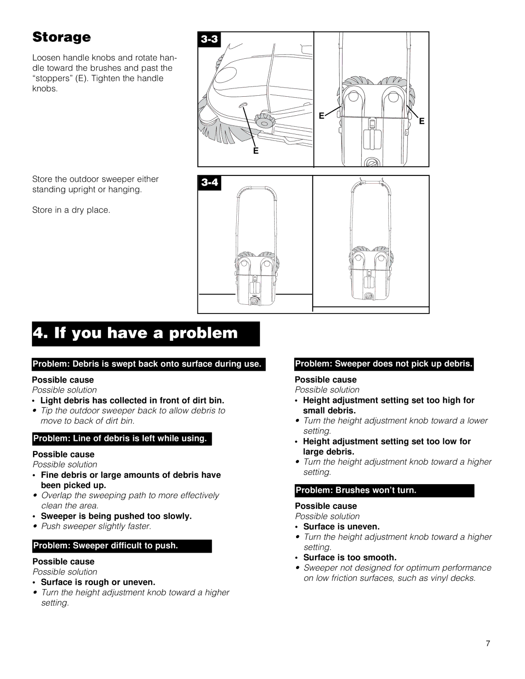 Hoover Outdoor Sweeper owner manual If you have a problem, Storage 