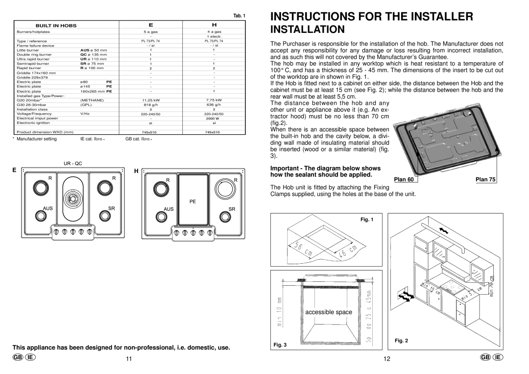 Hoover PL74, PL73 manual Instructions for the Installer, Installation, Built in Hobs, Gb Ie 