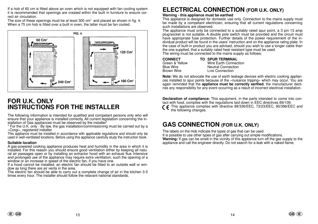 Hoover PL73, PL74 For U.K. only Instructions for the Installer, Electrical Connection for U.K. only, Suitable location 