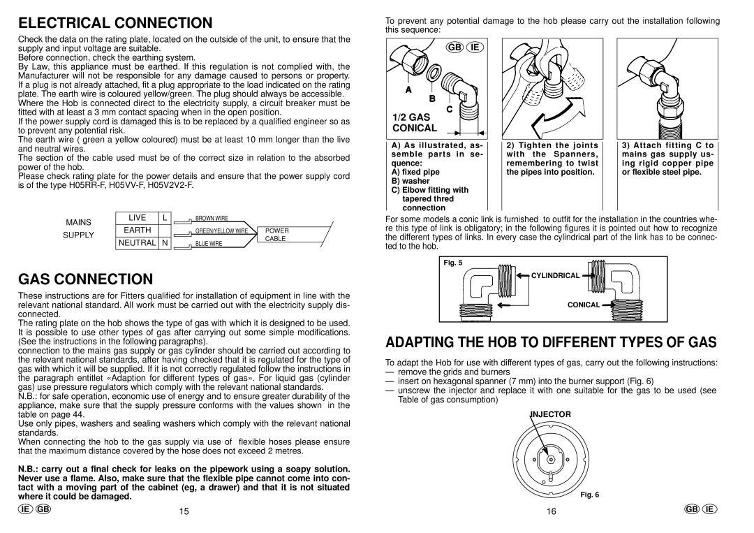 Hoover PL74, PL73 manual Electrical Connection, GAS Connection, Gb Ie, Ie Gb, Injector GB IE 