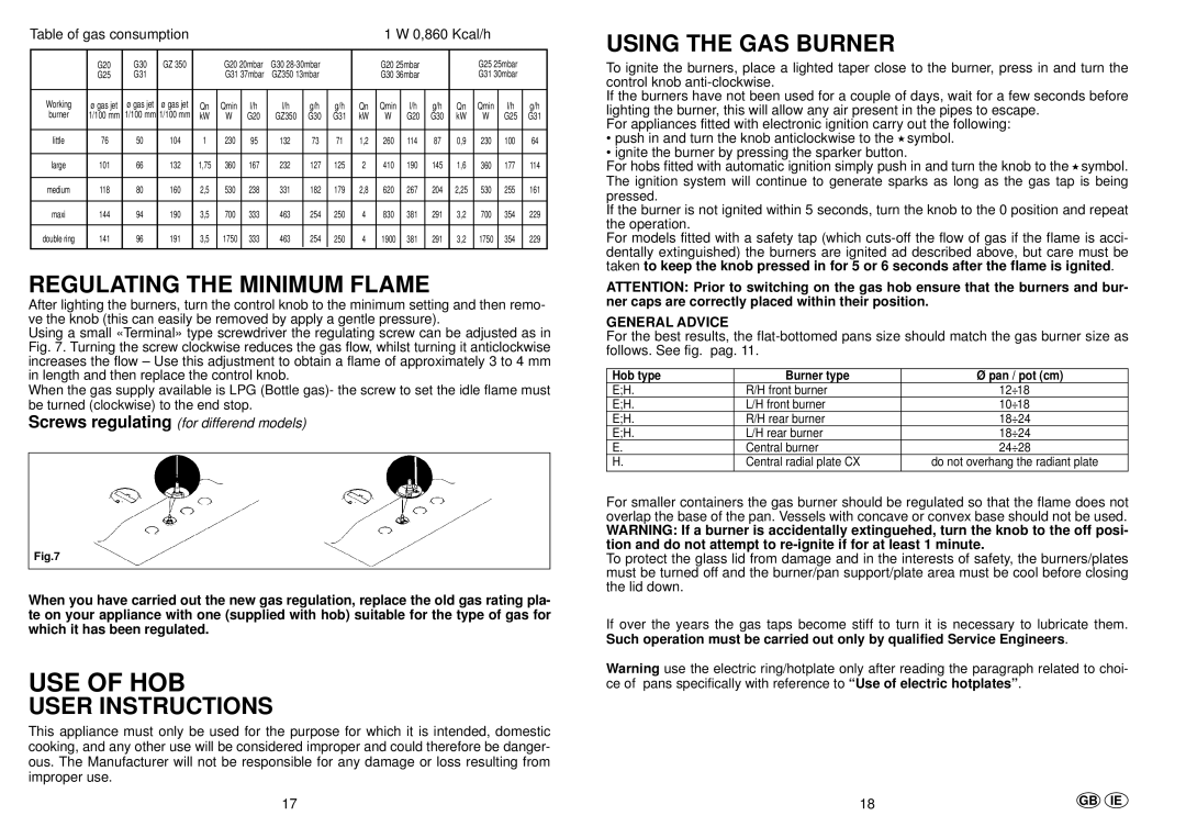 Hoover PL73, PL74 manual USE of HOB, Regulating the Minimum Flame, User Instructions, Using the GAS Burner, General Advice 