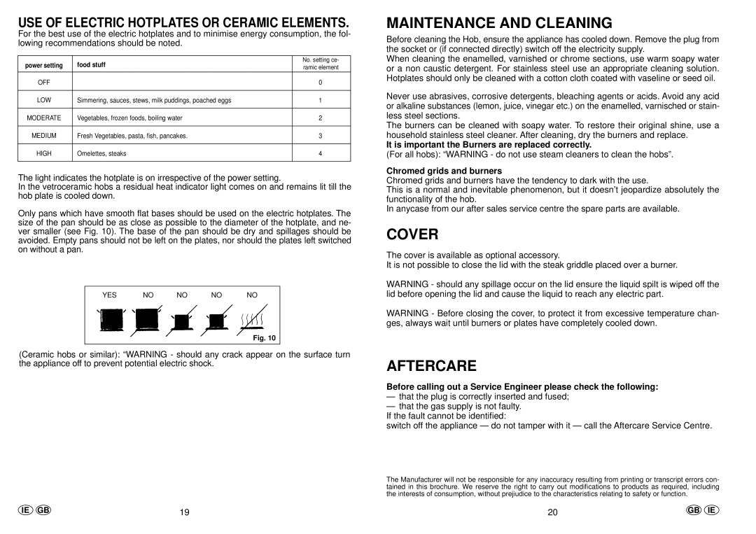 Hoover PL74, PL73 manual Maintenance and Cleaning, Cover, Aftercare, It is important the Burners are replaced correctly 