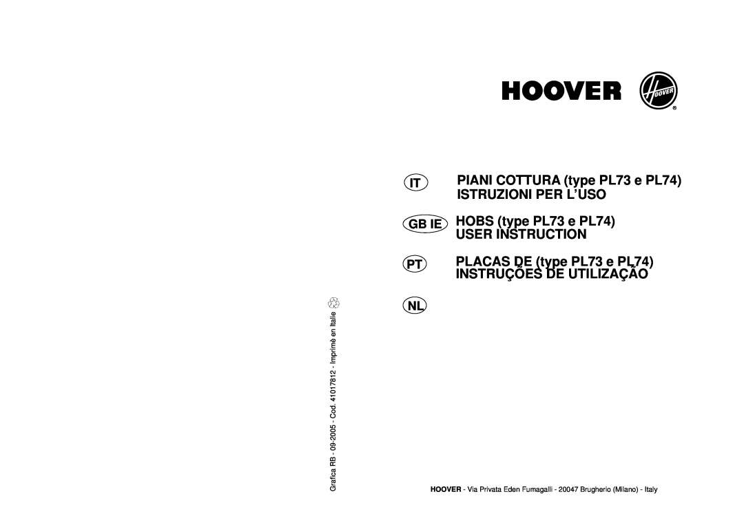 Hoover manual PIANI COTTURA type PL73 e PL74, Istruzioni Per L’Uso, HOBS type PL73 e PL74, User Instruction, Gb Ie 