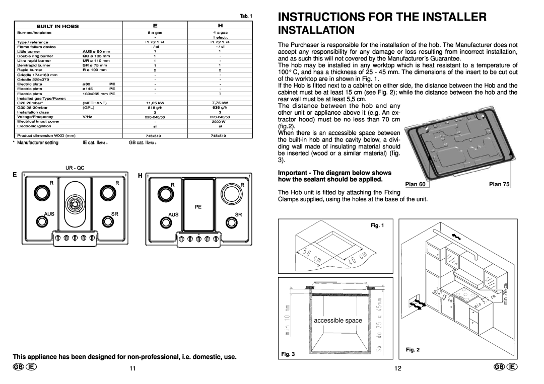 Hoover PL74, PL73 manual Instructions For The Installer, Installation, Important - The diagram below shows 