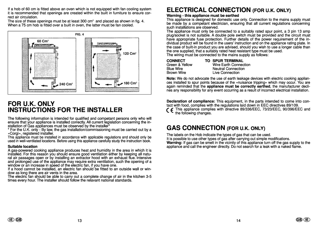 Hoover PL73, PL74 For U.K. Only Instructions For The Installer, Electrical Connection For U.K. Only, Suitable location 