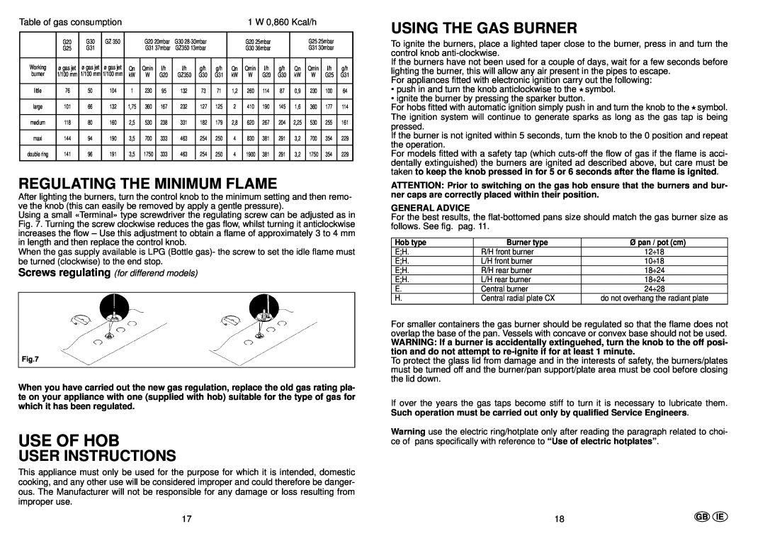 Hoover PL73, PL74 manual Use Of Hob, Regulating The Minimum Flame, User Instructions, Using The Gas Burner, General Advice 
