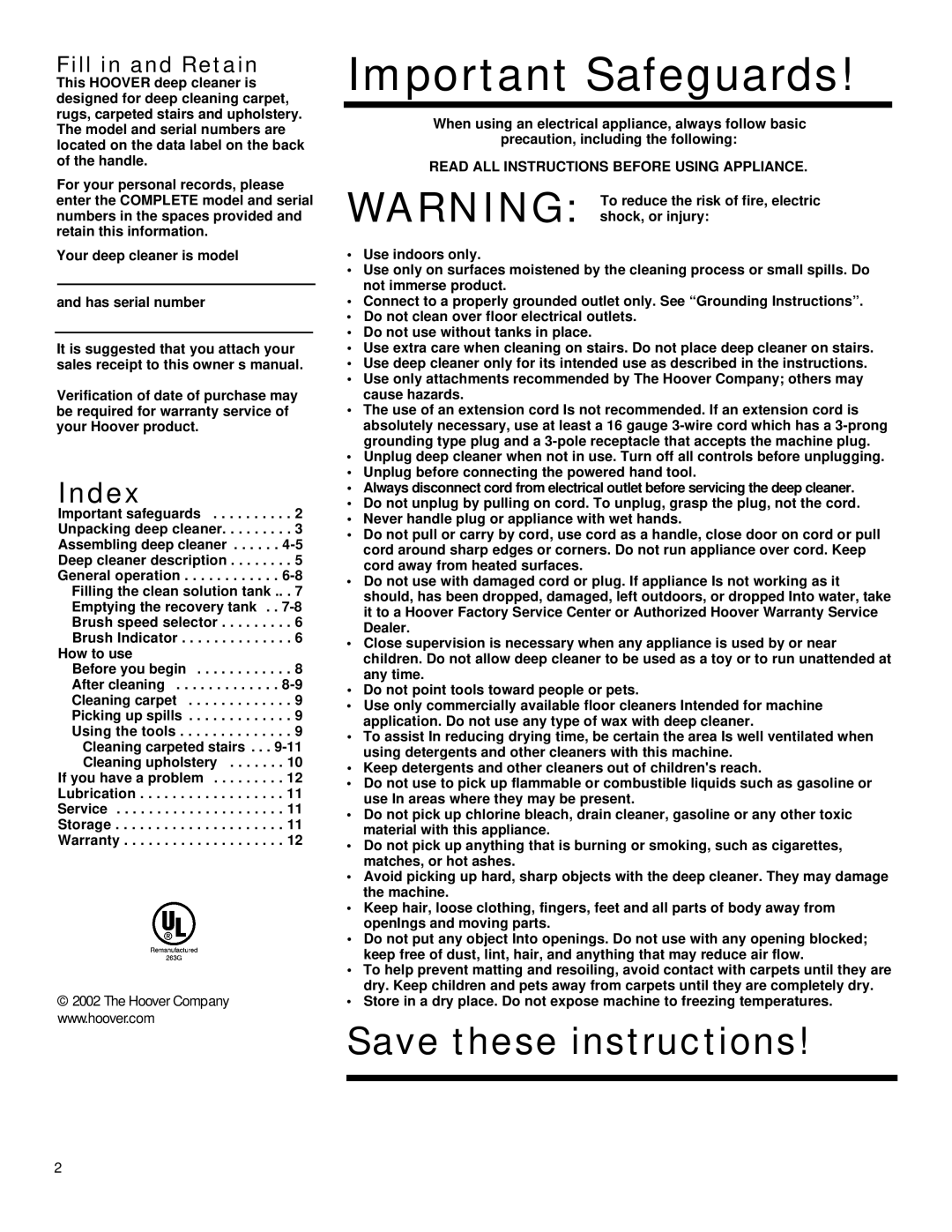 Hoover Plus owner manual Index, Fill in and Retain 