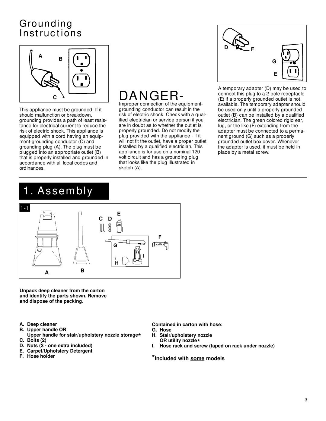 Hoover Plus owner manual Assembly, Grounding Instructions 