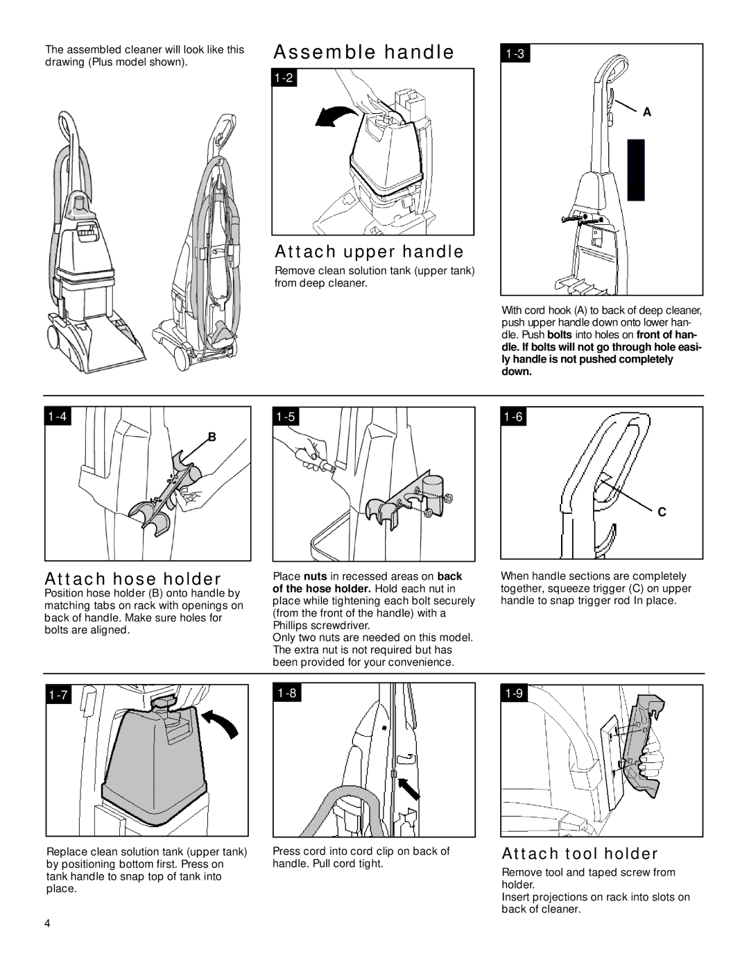 Hoover Plus owner manual Attach upper handle, Attach hose holder, W n 