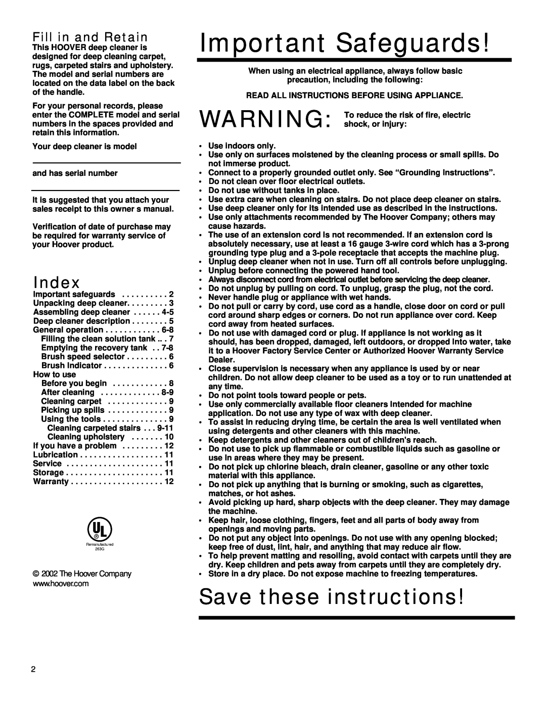Hoover Plus owner manual Save these instru c t i o n s, Index, Fill in and Retain, Important Safeguards 