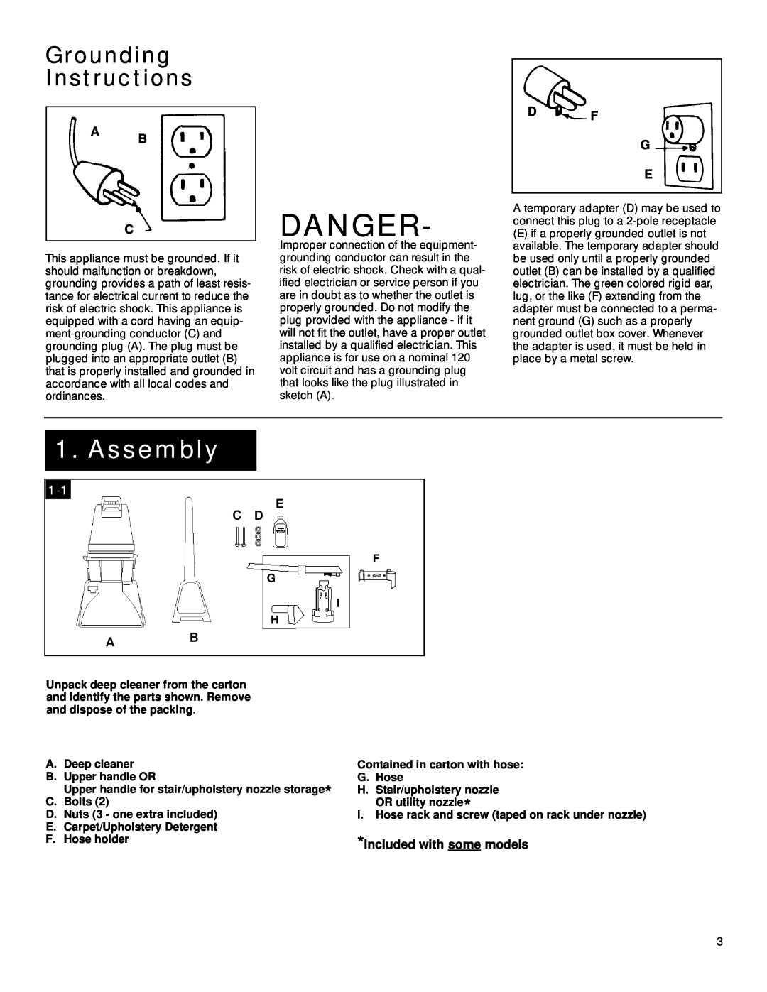 Hoover Plus owner manual Danger, Grounding Instructions, A B C, Df G E, E C D, Included with some models, Assembly 