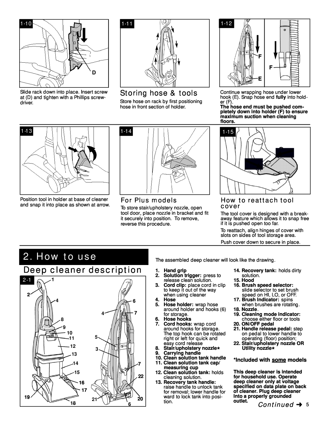Hoover How to use, Storing hose & tools, For Plus models, How to reattach tool cover, Continued, F F E, 1-13 