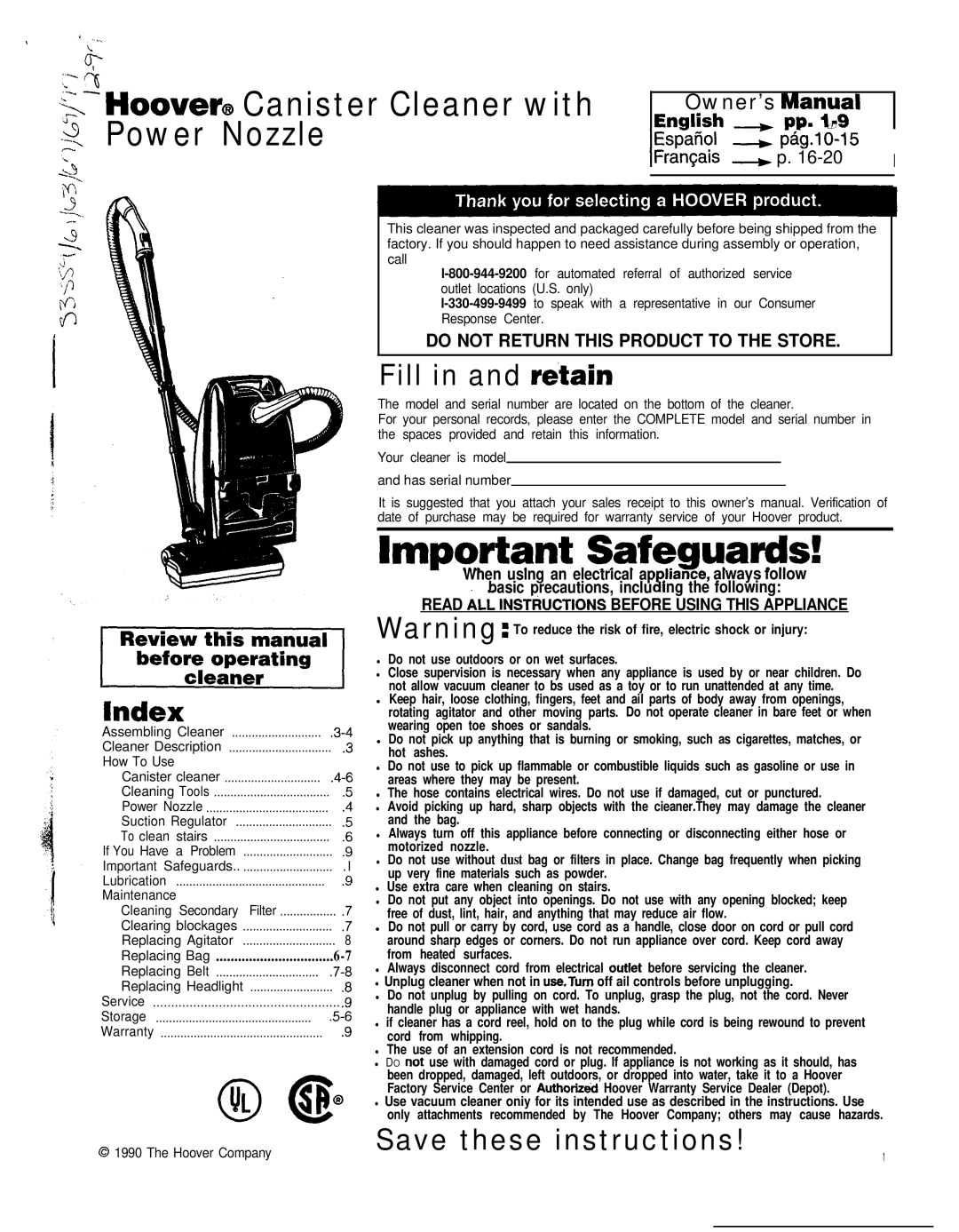 Hoover Power Nozzle warranty Owner’s ~llugal, ‘ fjl, Enqlish 