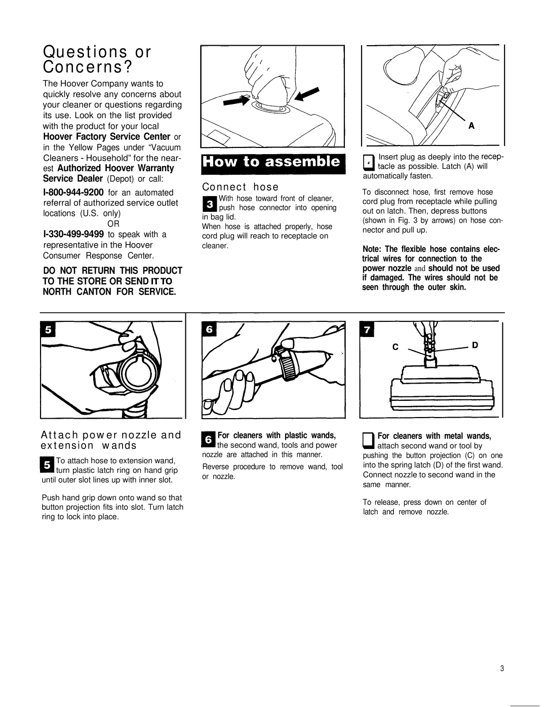 Hoover Power Nozzle warranty Connect hose, Attach power nozzle and extension wands 