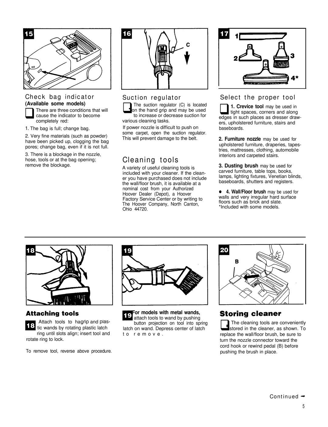 Hoover Power Nozzle warranty Cleaning tools, Check bag indicator, Suction regulator, Select the proper tool 