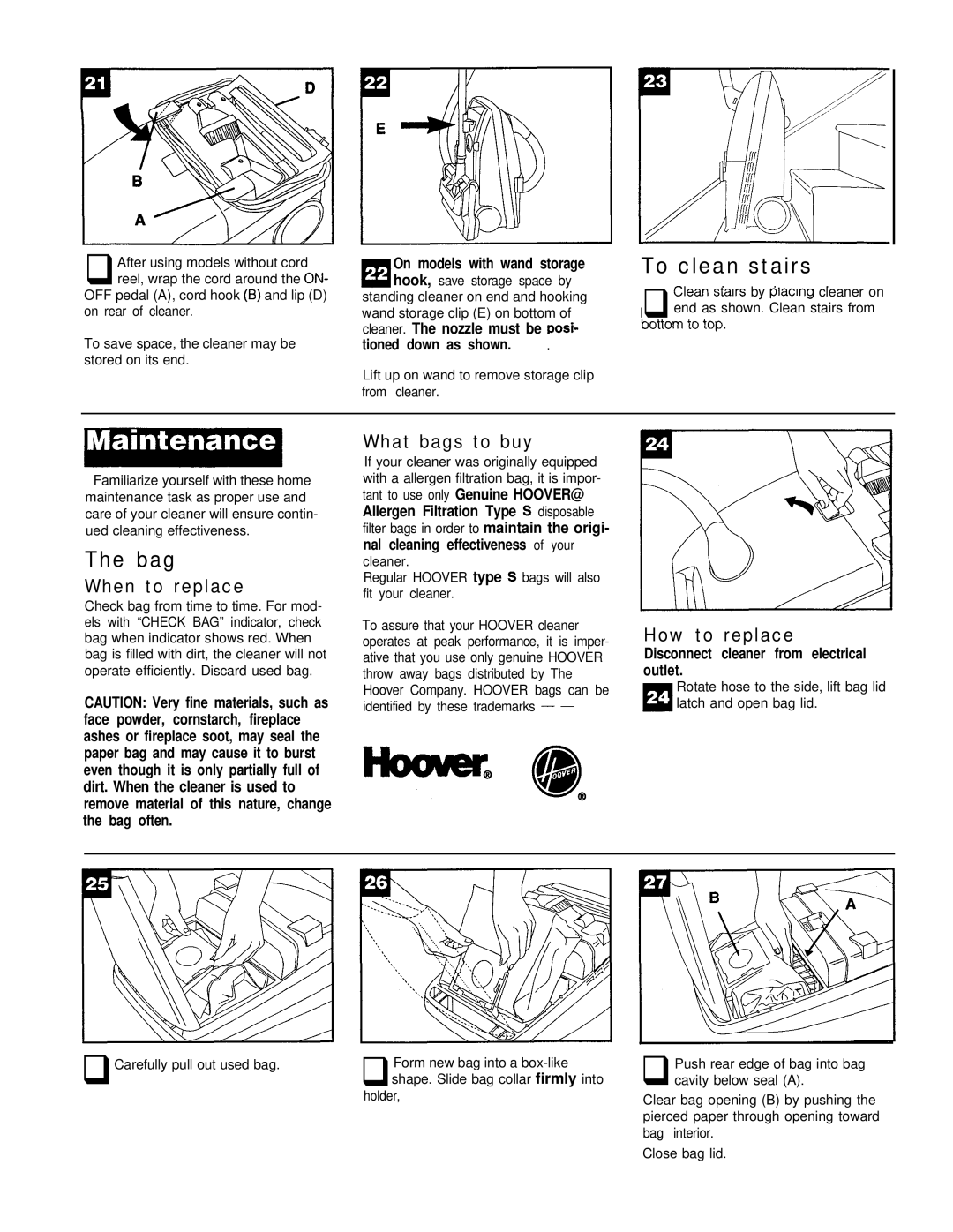 Hoover Power Nozzle warranty To clean stairs, Bag, When to replace, What bags to buy, How to replace 