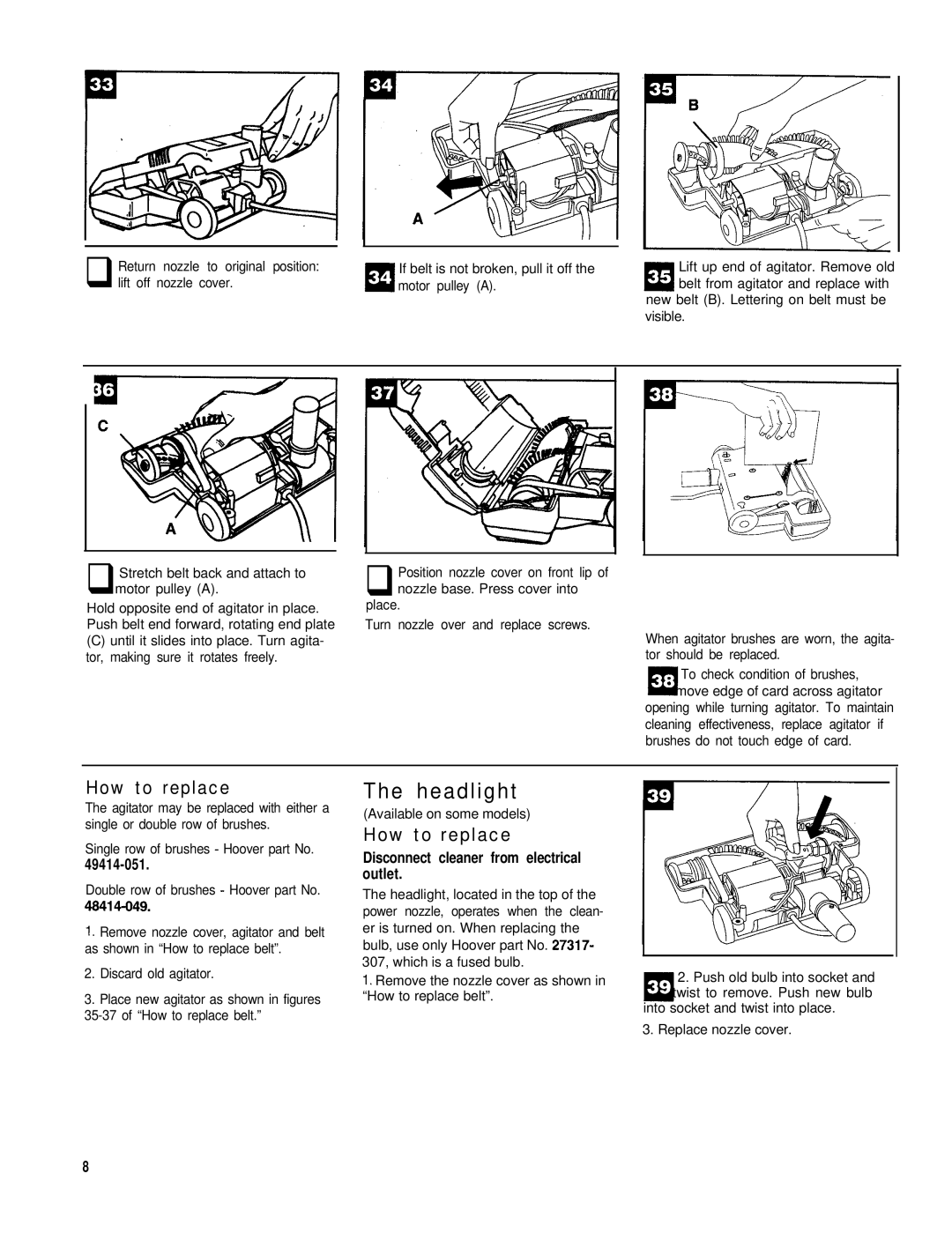 Hoover Power Nozzle warranty Headlight, 49414-051, 48414-049 