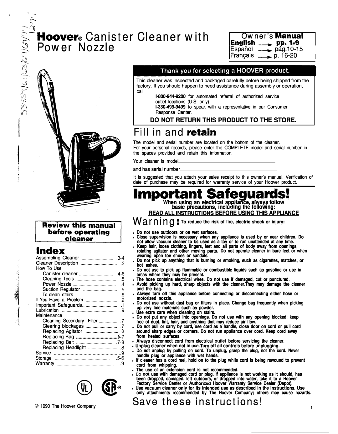 Hoover Power Nozzle warranty index, Fill in and retain, Save these instructions, Owner’s ~llugal, i,‘ fjl, Enqlish 