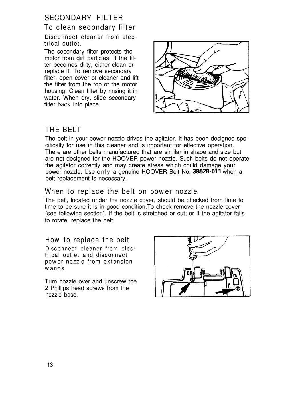 Hoover QS Quiet manual Secondary Filter, To clean secondary filter, Belt, When to replace the belt on power nozzle 