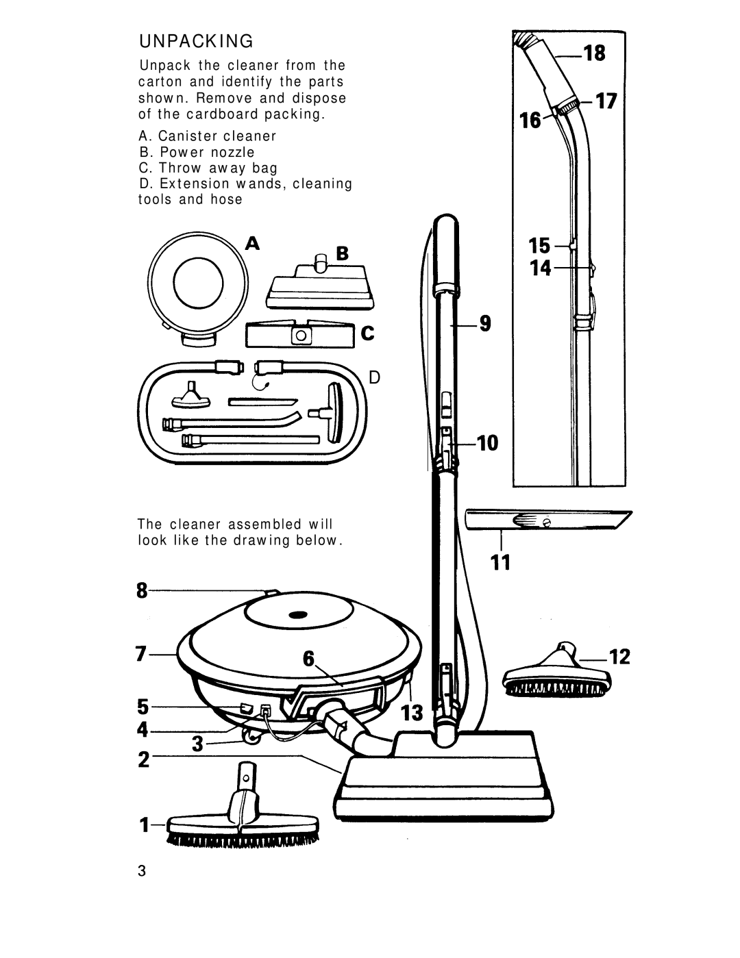 Hoover QS Quiet manual Unpacking, Extension wands, cleaning tools and hose 