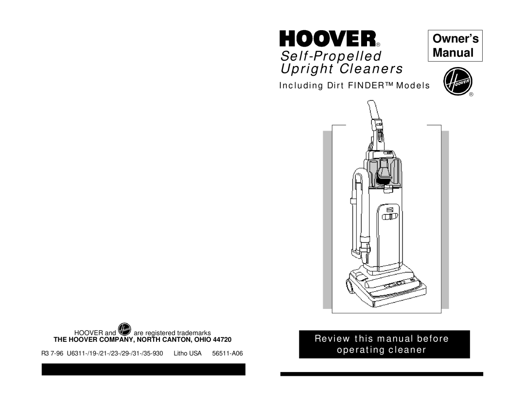 Hoover R3 7-96 owner manual Self-Propelled Upright Cleaners, Hoover COMPANY, North CANTON, Ohio 