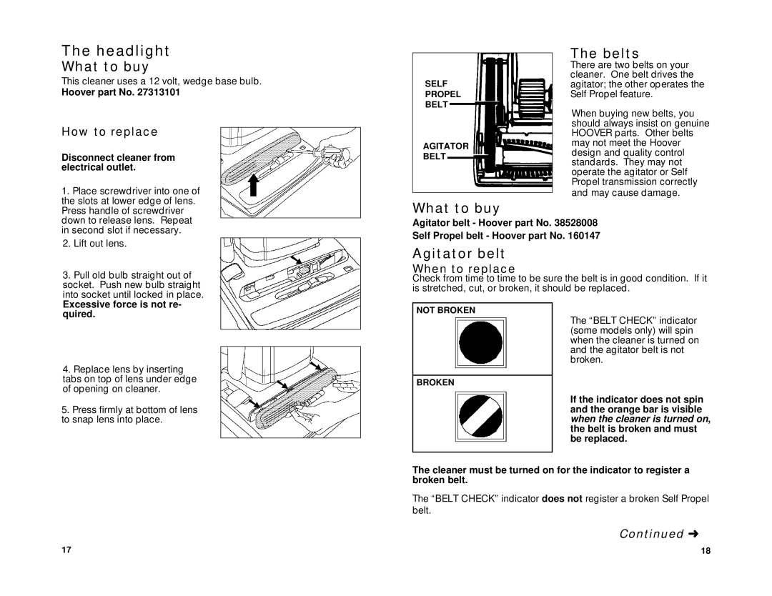 Hoover R3 7-96 owner manual What to buy Belts, Agitator belt 