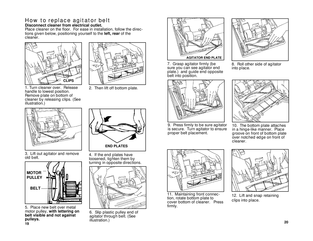 Hoover R3 7-96 owner manual How to replace agitator belt, Motor Pulley Belt, Motor pulley, with lettering on, Pulleys 