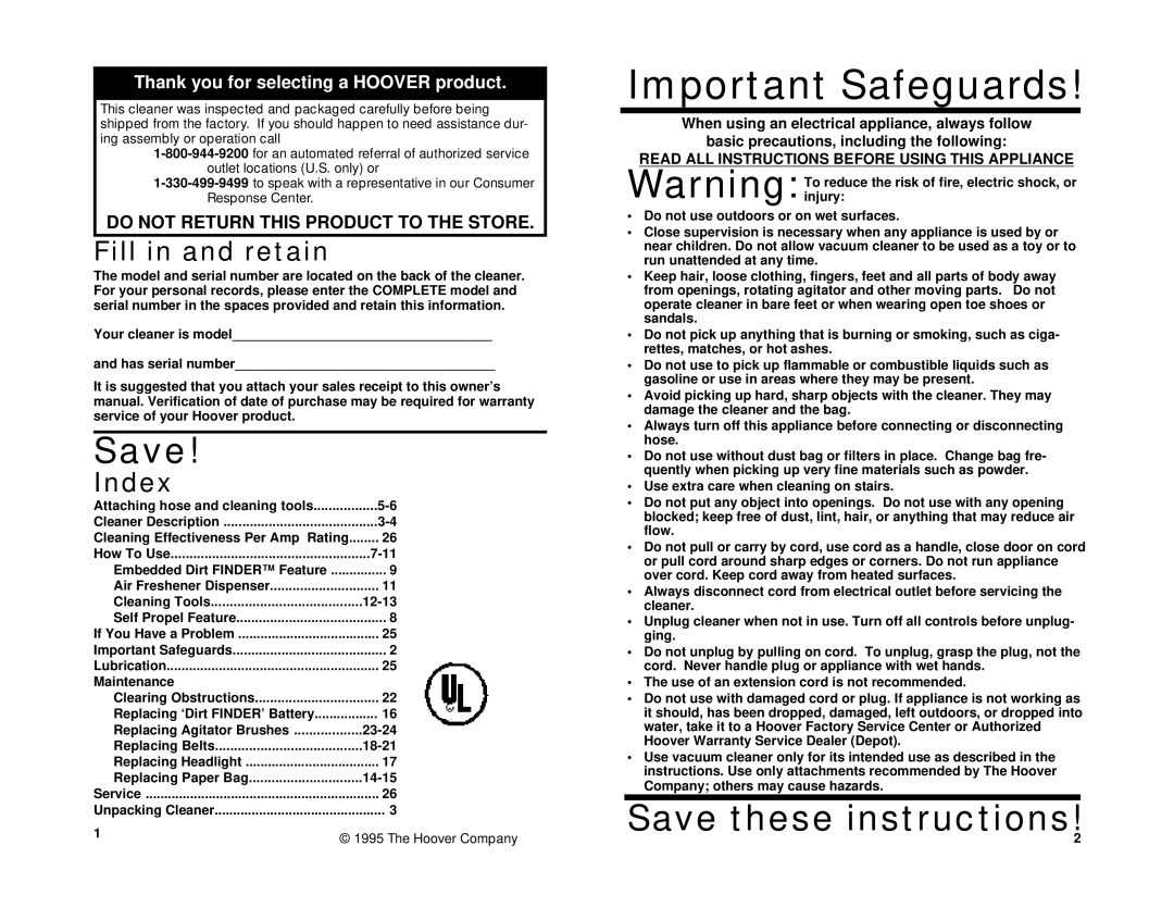 Hoover R3 7-96 owner manual Fill in and retain, Index, Read ALL Instructions Before Using this Appliance 