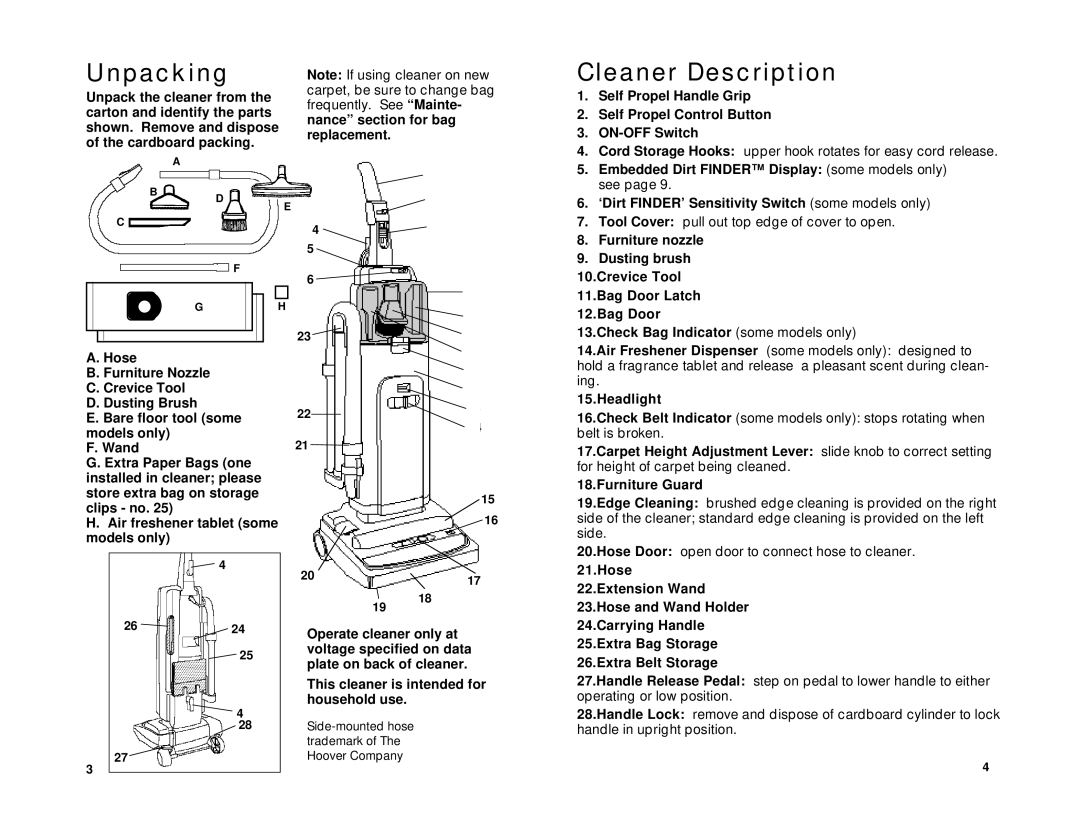 Hoover R3 7-96 owner manual Unpacking 