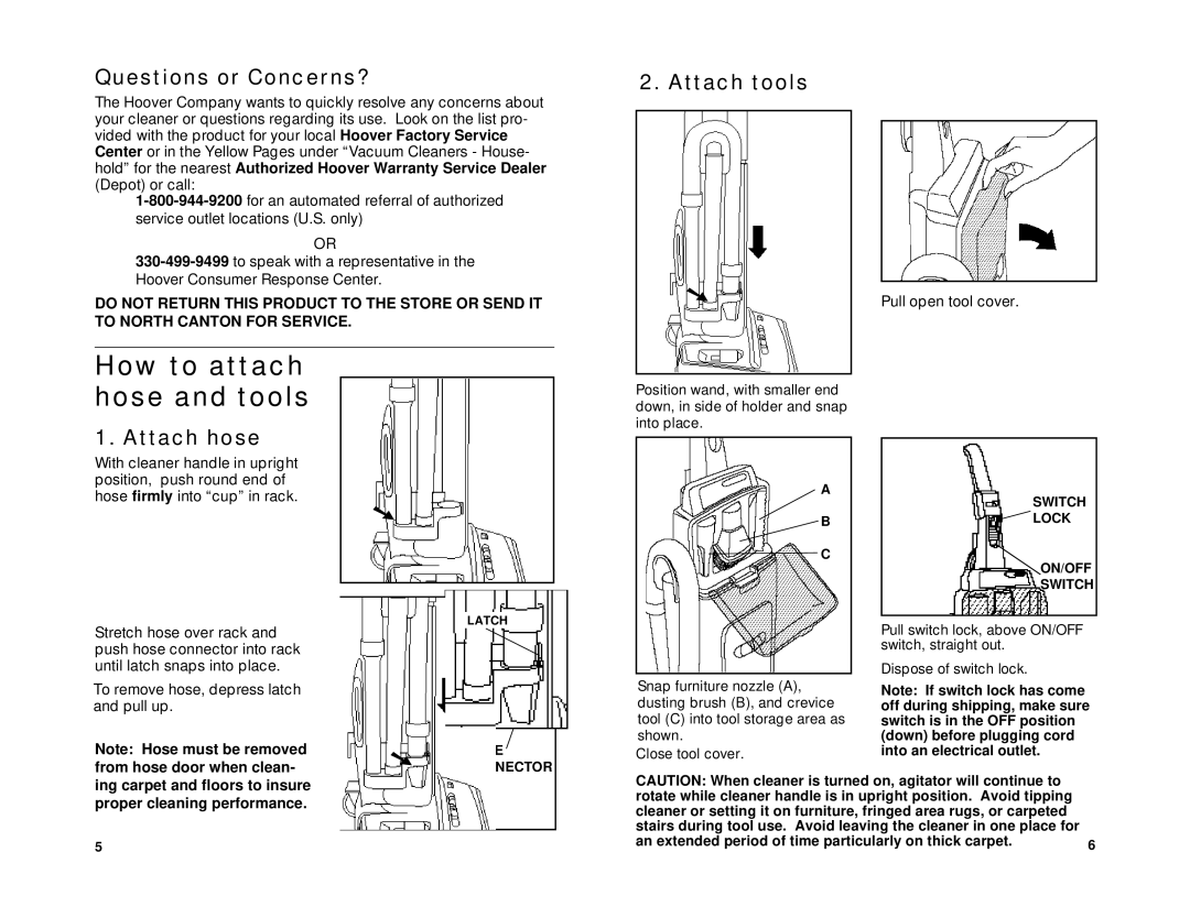 Hoover R3 7-96 owner manual How to attach hose and tools, Questions or Concerns?, Attach hose Attach tools 