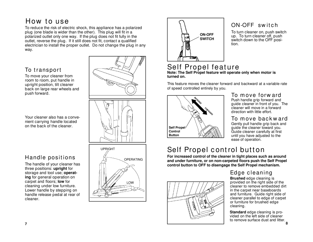 Hoover R3 7-96 owner manual How to use, Self Propel feature, Self Propel control button 