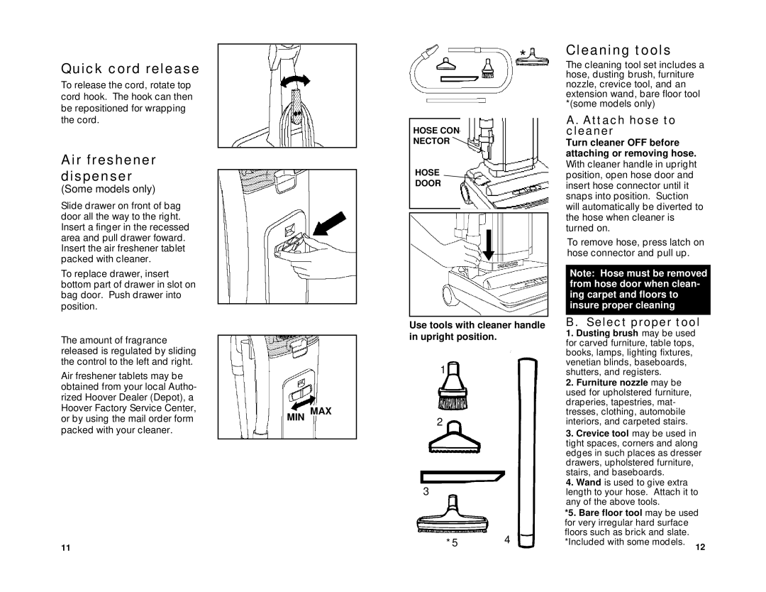 Hoover R3 7-96 Quick cord release, Air freshener dispenser, Cleaning tools, Attach hose to cleaner, Select proper tool 