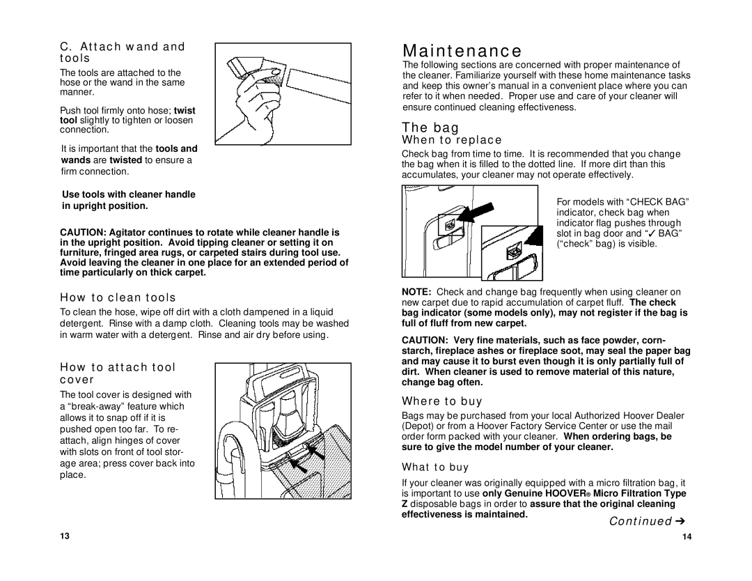 Hoover R3 7-96 owner manual Maintenance, Bag 