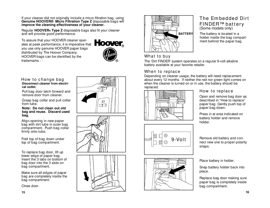 Hoover R3 7-96 owner manual Embedded Dirt Finder battery, Volt, How to change bag, What to buy, How to replace 