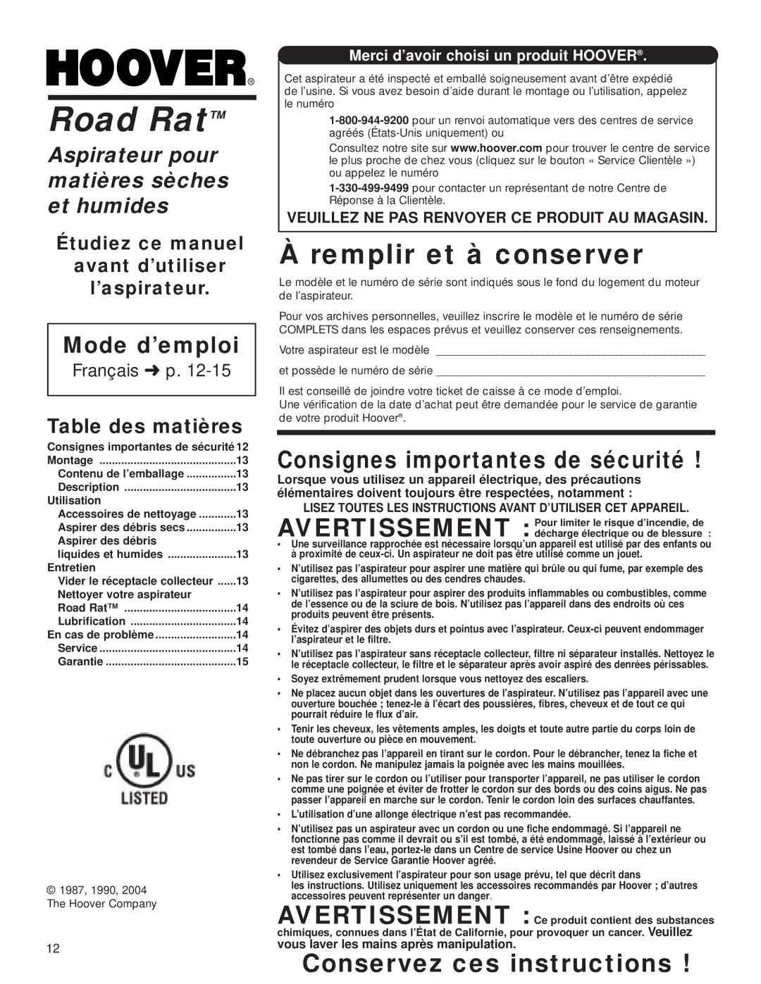 Hoover Road Rat Wet & Dry Cleaner owner manual Mode d’emploi, Table des matières 