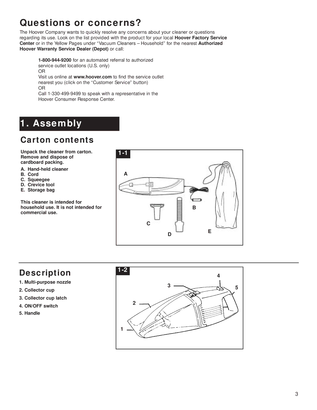 Hoover Road Rat Wet & Dry Cleaner owner manual Questions or concerns?, Assembly, Carton contents, Description 