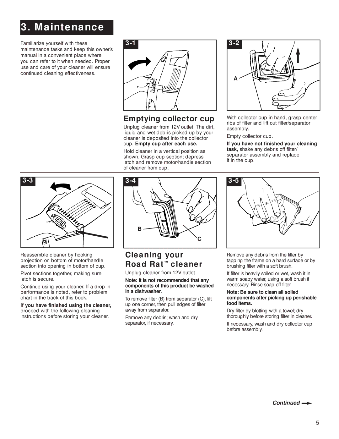Hoover Road Rat Wet & Dry Cleaner owner manual Maintenance, Emptying collector cup, Cleaning your Road Rat cleaner 